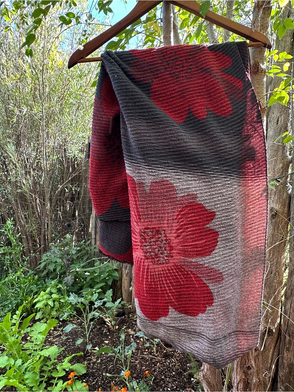 Red and Grey Intricate Soft Chunky Floral Scarf